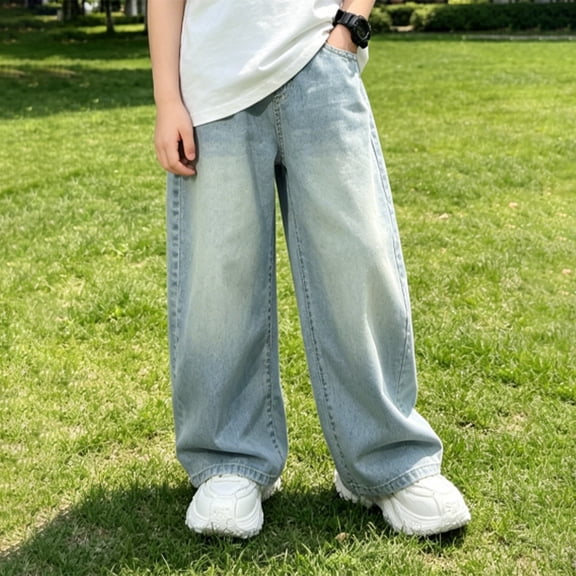 Toddler & Tween Light Wash Wide Leg Denim Pants, Soft Relaxed Jeans for Holiday Travel and Family Shopping Trips Blue 120