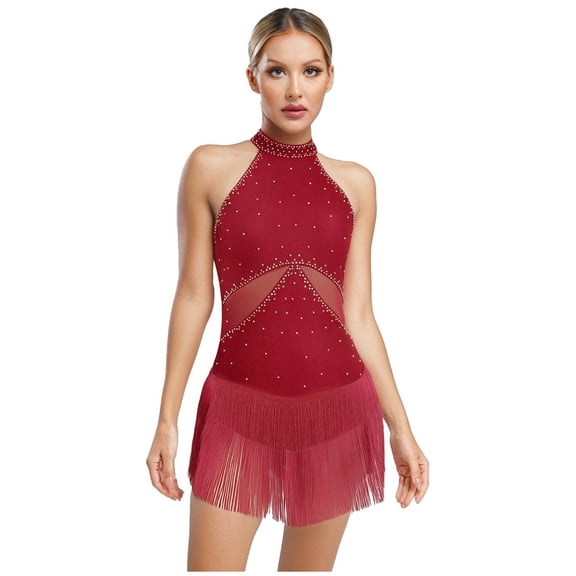 YiZYiF Women's Sparkle Latin Dance Dress Tassel Bodysuit Samba Cha-Cha Stage Shows Dancewear Burgundy XXL