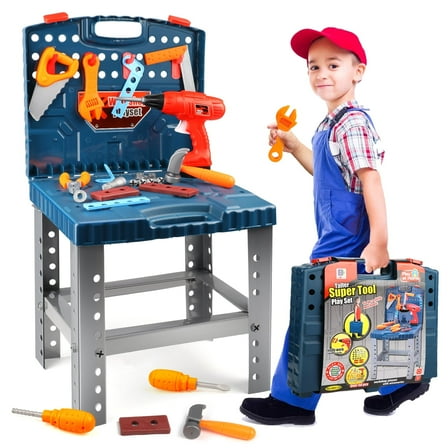 Beefunni 56 Pcs Kids Tool Bench Play Set, Foldable Pretend Workbench Accessories, Realistic Power Tools Workshop Construction Toys with Drill,  Gift Toys for Boys Girls 3 4 5 6 