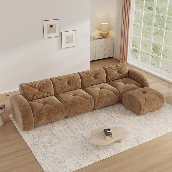 Aukfa Velvet Tufted Modular Sectional Sofa, 5-Piece 141" L-Shaped Boneles Couch with Ottoman, Brown