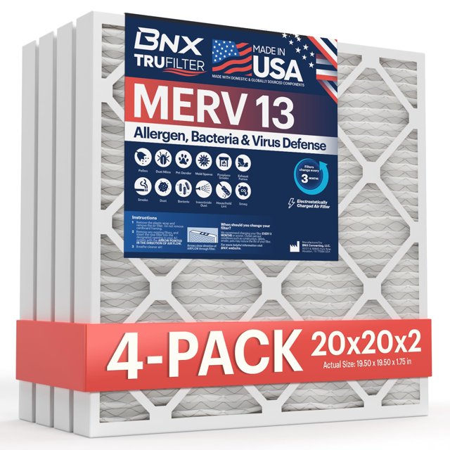 Filtro de aire BNX TruFilter 20x20x2 MERV 13 (paquete de 4) para HVAC