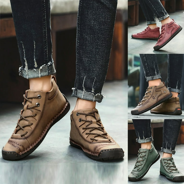 Taluosi Men Autumn Winter Faux Leather Handsewn Ankle Chukka Boots Lace Up Flat Bootie