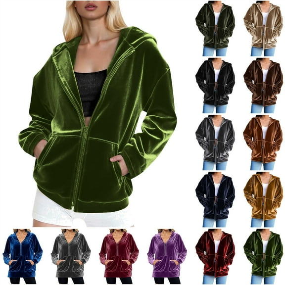 QATAINLAV Velvet Hooded Sweatshirt for Women Long Sleeve Full Zipper Hoodies Jacket Soft Warm Velour Outerwear with Pockets, Army Green, M