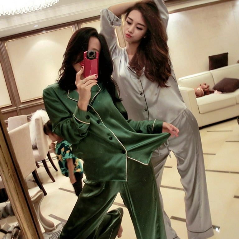 Womens Satin Pajamas- Pajama Set Sexy Korean Style Long Sleeve Striped  Lapels With Button Front 