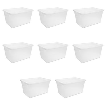 Sterilite 58 Quart Storage Box, Clear Plastic Storage Bin with Snap-on Lid, White, 8 Count