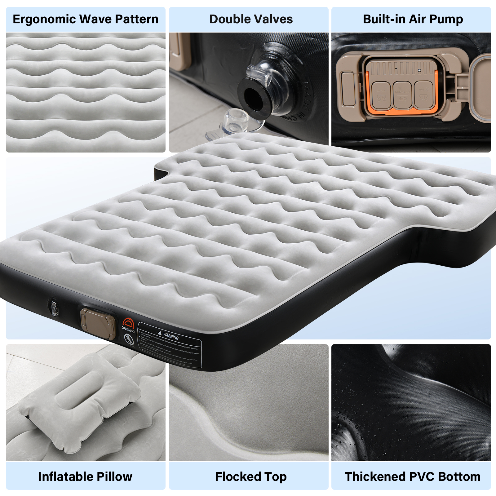 Coverado Air Mattress for SUV, Thickened Flocking Travel Camping Bed with Electric Pump, Inflatable Bed for SUV Trunk, Gray