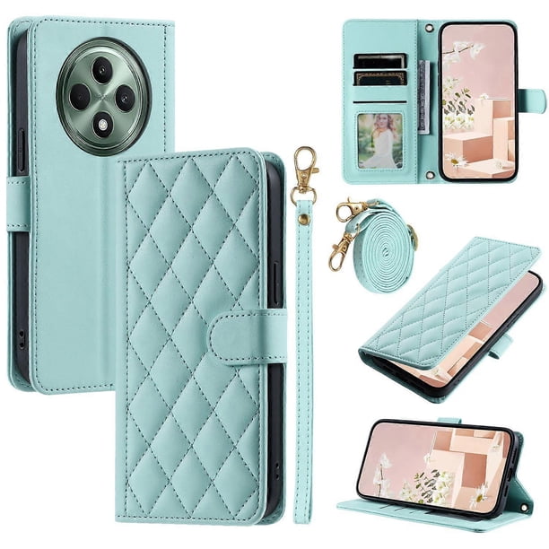 For Oppo Reno12 F 4G Wallet Case Rhombus Grid PU Leather Phone Cover - Green