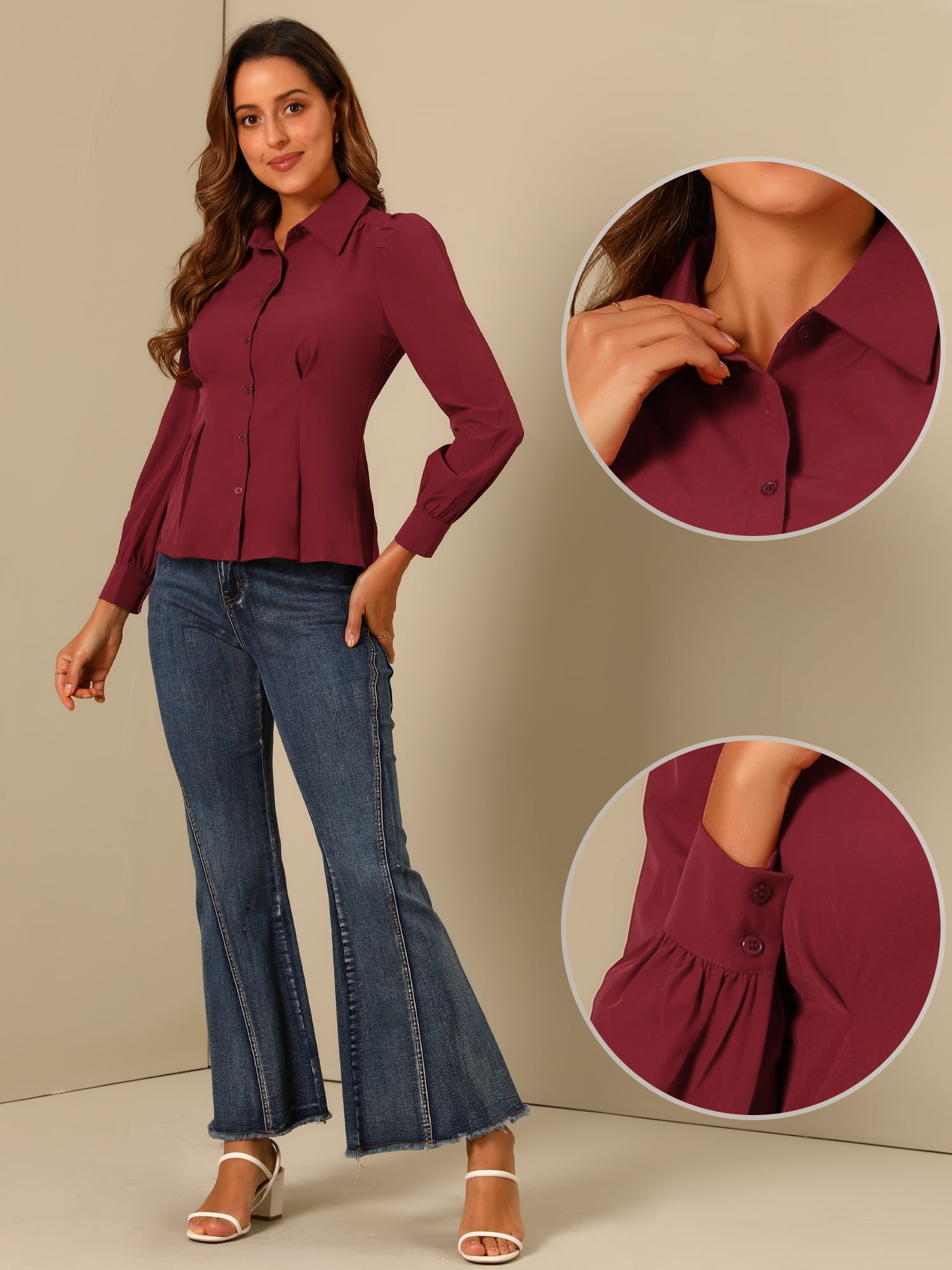 DARING DIVA Women's Long Sleeve Button-Up Office Ruffle Blouses L Burgundy
