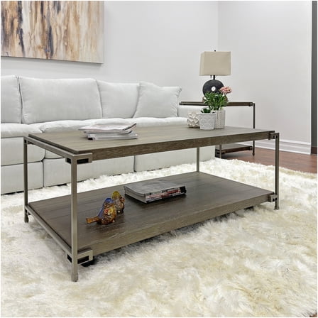 JERFIT Industrial Coffee Table with Wheels, 50" Rustic Brown Wood Metal Cocktail Table with Lower Shelf, Rolling Center Table for Living Room