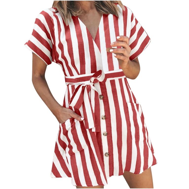 Under $20 Summer Dresses Plus Size, Women And Linen V-neck Button Up Shirt  Cardigan Belt Striped Shirt Dress With Pocket(Red,XL) - Walmart.com