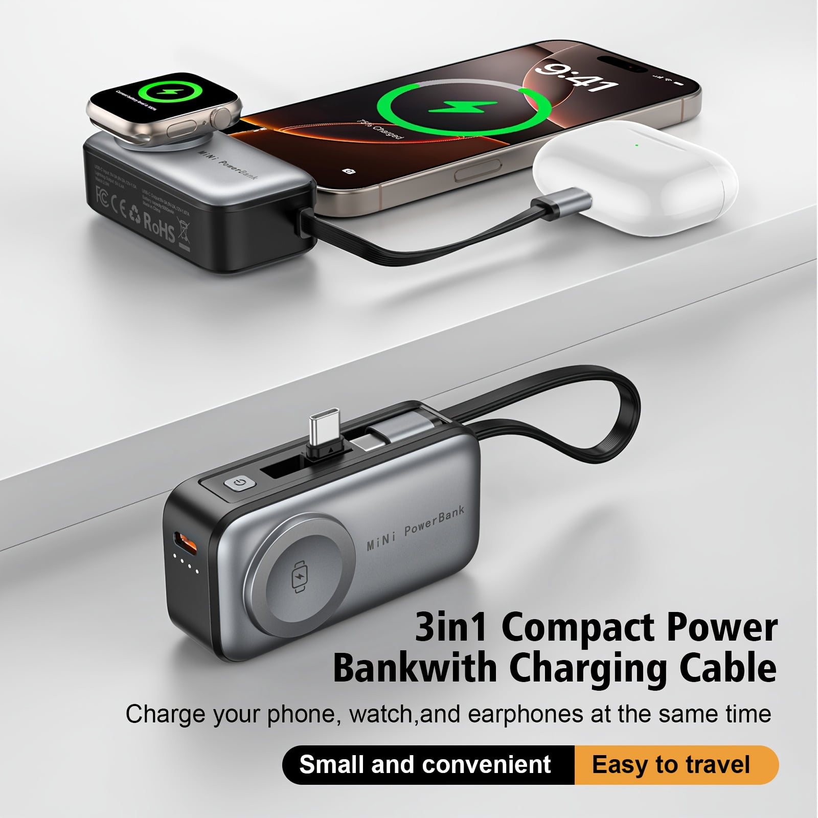 3-in-1 Power Bank For Apple, 5000mAh Portable Charger With USB-C Port, Built-in Cable For Travel, For IPhone 17 16 15 Series, for apple Watch & AirPods