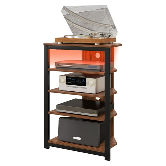 TV Stand with LED Lights, Corner Media Console, Audio Video Tower, Storage Shelves, Steel Frame, Living Room, Brown