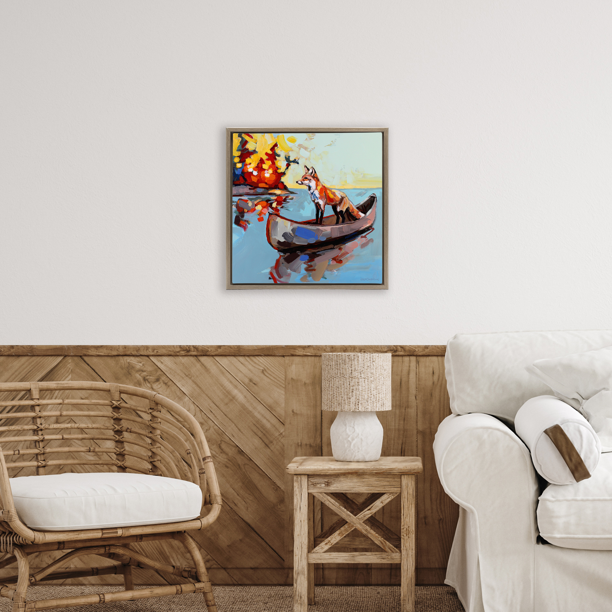 Fox's Voyage on Canoe Brown Framed Floater Canvas Wall Art, design by Adam Swanson