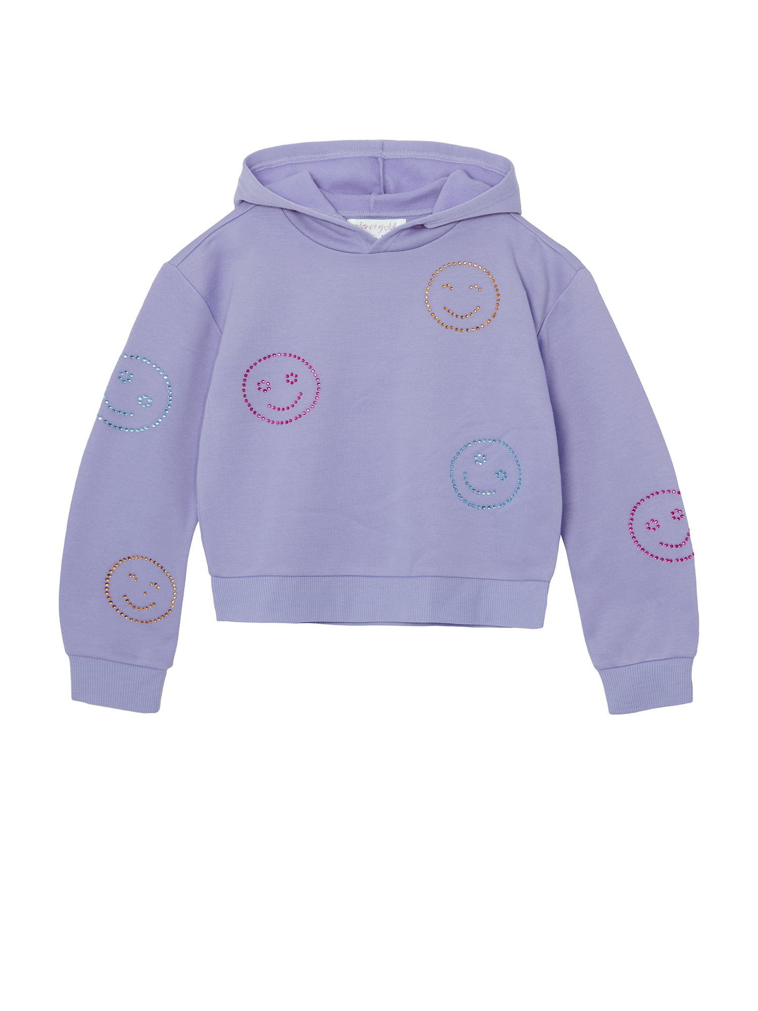 Planet Gold Girls' Rhinestone Smiley Face Embellished Fleece Hoodie and Pant, 2-Piece Set, Sizes 4-18