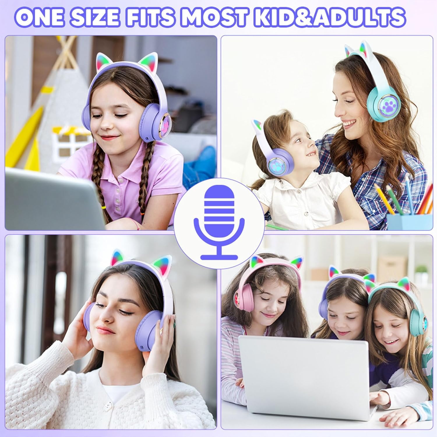 QearFun Kids Wireless Headphones,Cat Ear Headphones with LED Lights for Kids/Boys/Girls/Toddler Aged 3 up, 2 in 1 Childrens Bluetooth/Wired Headphones Foldable with Mic for Phone/Tablet/Laptop,Purple