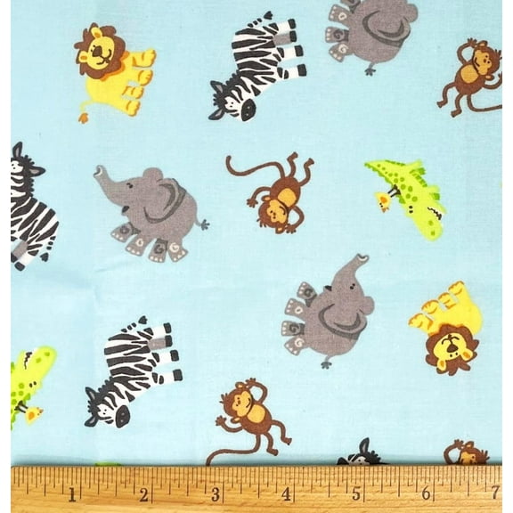 1 Fat Quarter - Baby Safari Animals on Blue Cotton Fabric - 21" X 18"