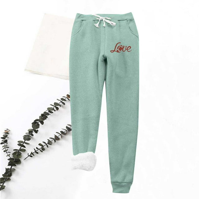 LSLJS Women's Love Printing Leggings with Elastic Drawstring Pockets Thick Warm Pants