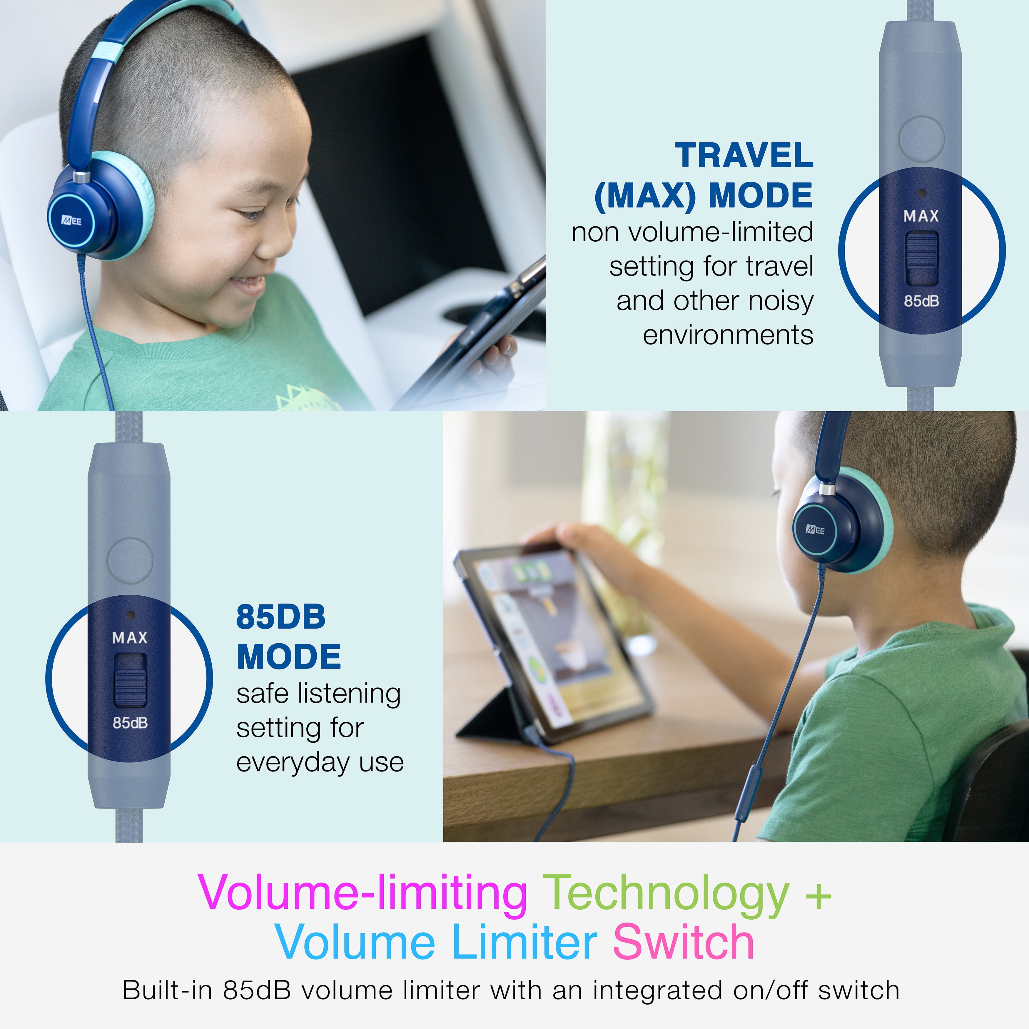 2 Pack Blue MEE audio KidJamz KJ45 Kids Headphones with 3.5mm Plug, Safe Listening for Boys and Girls / Students / School / Library / Classroom with Volume-Limiting Technology and Inline Microphone