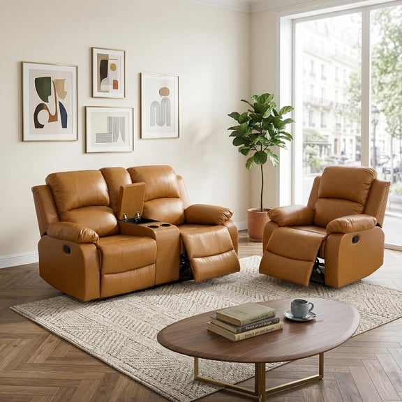 Manual Recliner Sofa Set, Bonded Leather Modern Living Room Furniture Sets, Reclining Couches with Drop-Down Table/Cup Holders for Home Bedroom Office Apartment (Ginger, Loveseat Chair)