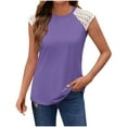 thumbnail image 2 of Summer Plus Size Tops For Women Causal Loose Solid Color Lace Short Sleeve Crew Neck Pullover Blouse T-Shirt Summer Fashion Women Shirts Under $7 Purple M, 2 of 5