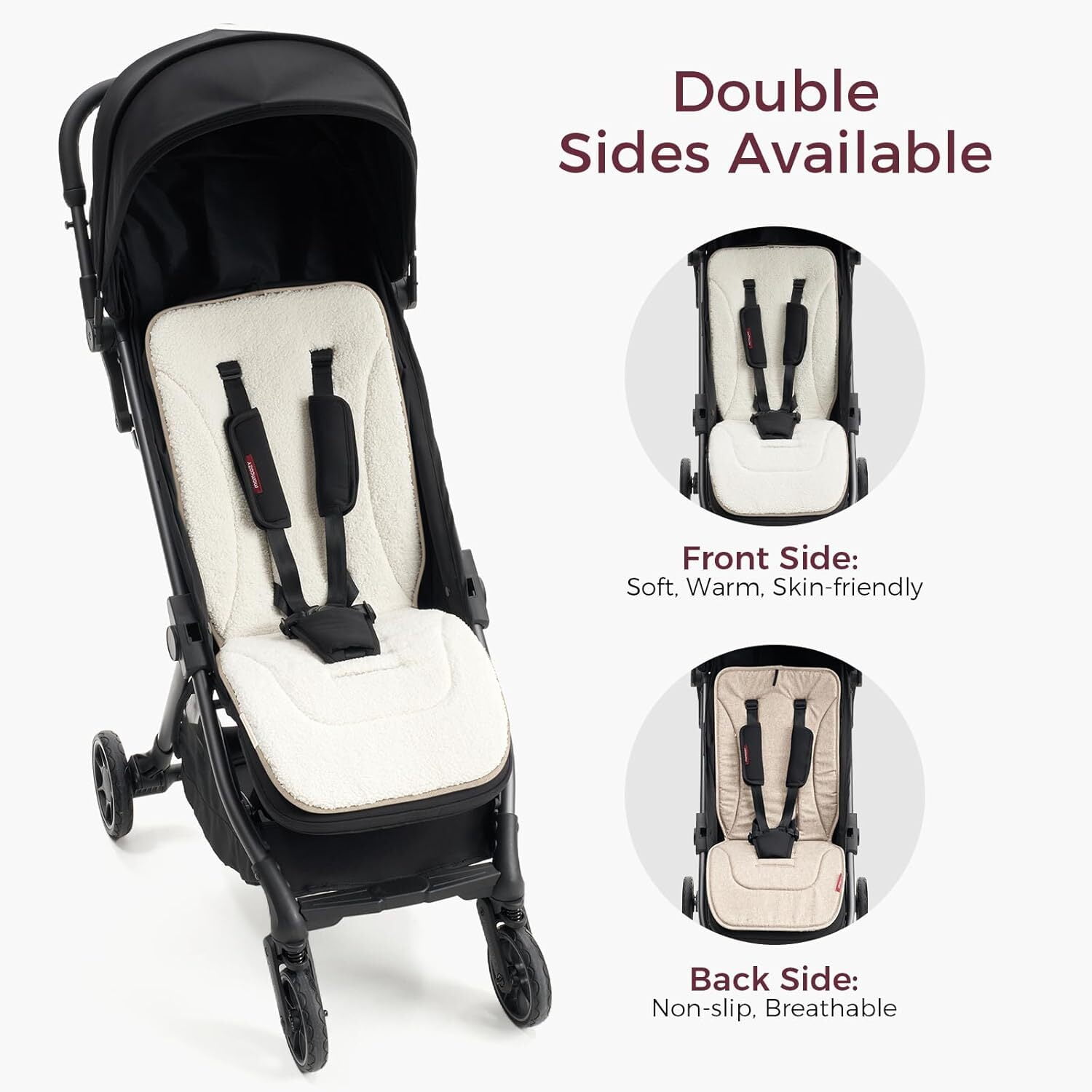 Momcozy Reversible Stroller Cushion | Universal Breathable Stroller Liner | Winter Warm Car Seat Liners | Crib Carriage Cushion Pad | Plush for Winter Use ＆Soft Fabric for All-Season Comfort, Khaki