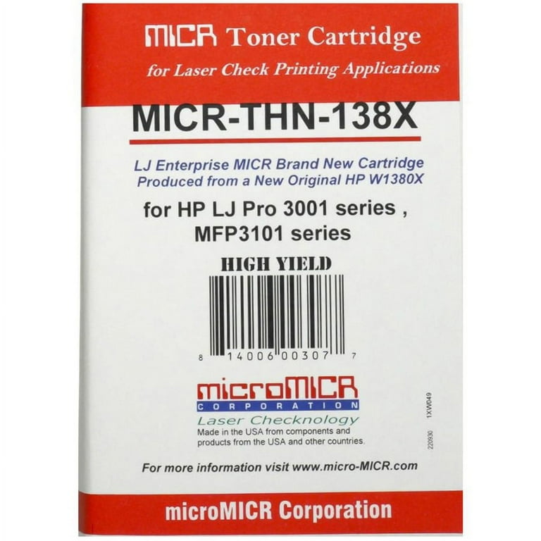 microMICR MICR High Yield Laser Toner Cartridge - Alternative for HP 138A, 138X (W1480A) - Black - 1 Each - 4000 Pages microMICR MICR High Yield Laser Toner Cartridge - Alternative for HP 138A, 138X (W1480A) - Black - 1 Each - 4000 Pages
