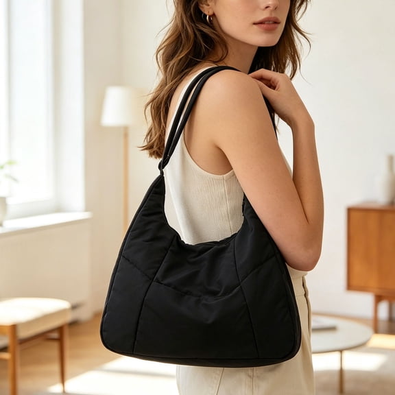 HOZVOMI Women's Nylon Crossbody Tote Bag College Student Class Office Commute Padded Large Shoulder Bag Slouchy Hobo Crescent Multipockets