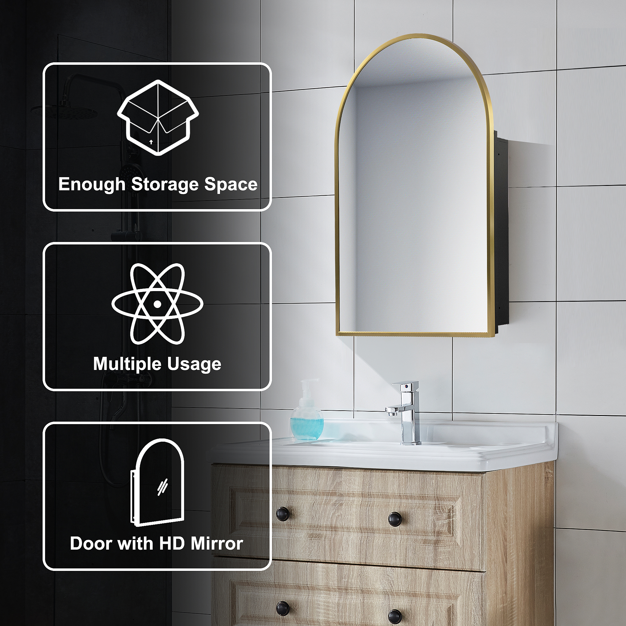 36"x24" Iron Arched Bathroom Mirror Cabinet,Gold