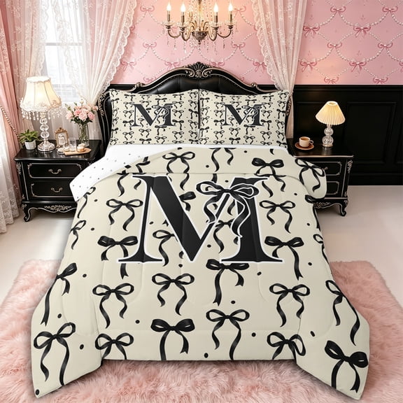 Manfei Ribbon Bow Tie M Personalized Initial Full Size Comforter Sets 3 Pieces for Kids Girls,Teens Vintage Black Polka Dots Bedding Sets,Ultra Soft Home Decor