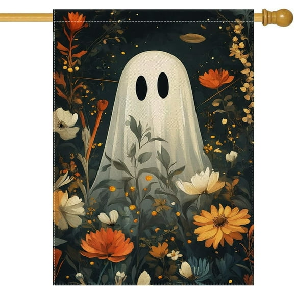 Halloween House Flags for Outdoor Decoration, BOO Ghost in Daisy Field Large Yard Flag, Seasonal Decorative Decor for Holiday Outside 28x40 Inch Vertical Double Sided