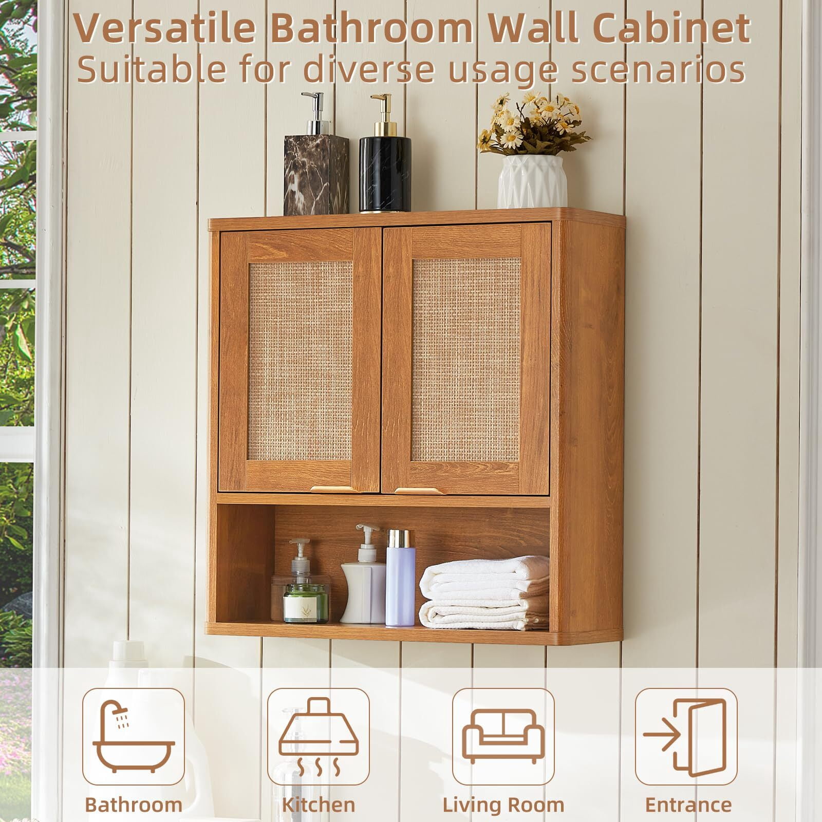 LELELINKY Rattan Wood Bathroom Wall Cabinet with Adjustable Shelf, Boho Medicine Cabinet for over Toilet Storage, Laundry Room, TeaC