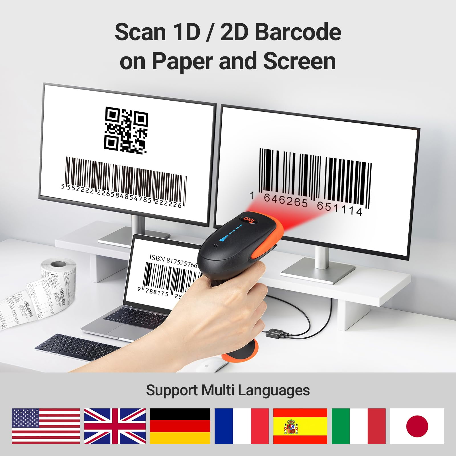 Tera Pro 2D QR Wireless Barcode Scanner Battery Level Indicator with Vibration Alert, Model HW0002