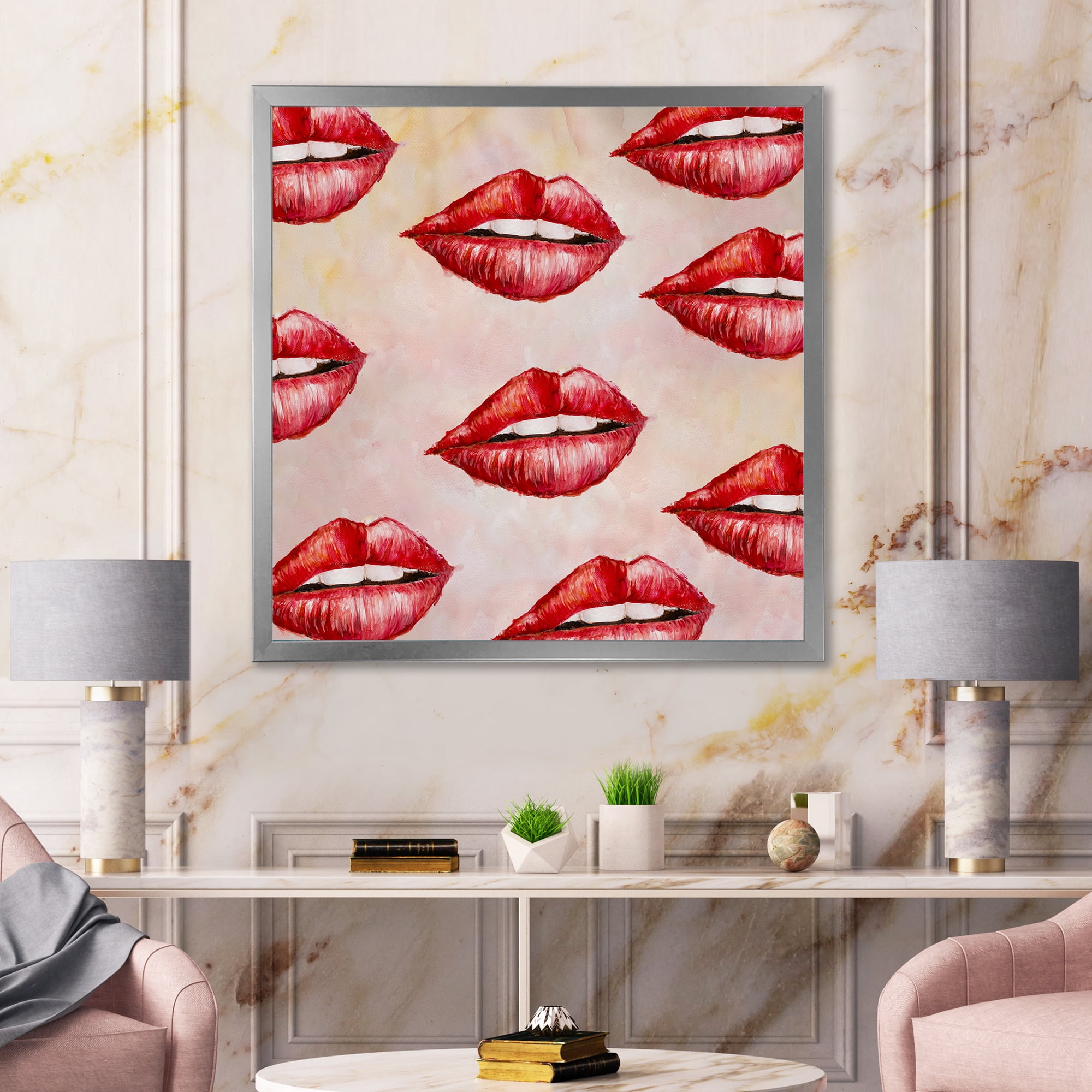 Designart 'Red Girl Lips Pattern' Modern Framed Art Print