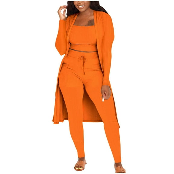 Enjoytime Lounge Sets for Women Solid Color Round Neck Tops Elastic Waist Pants Long Sleeve Cardigan 3 Piece Set Casual Loose Plus Size Outfits Orange M