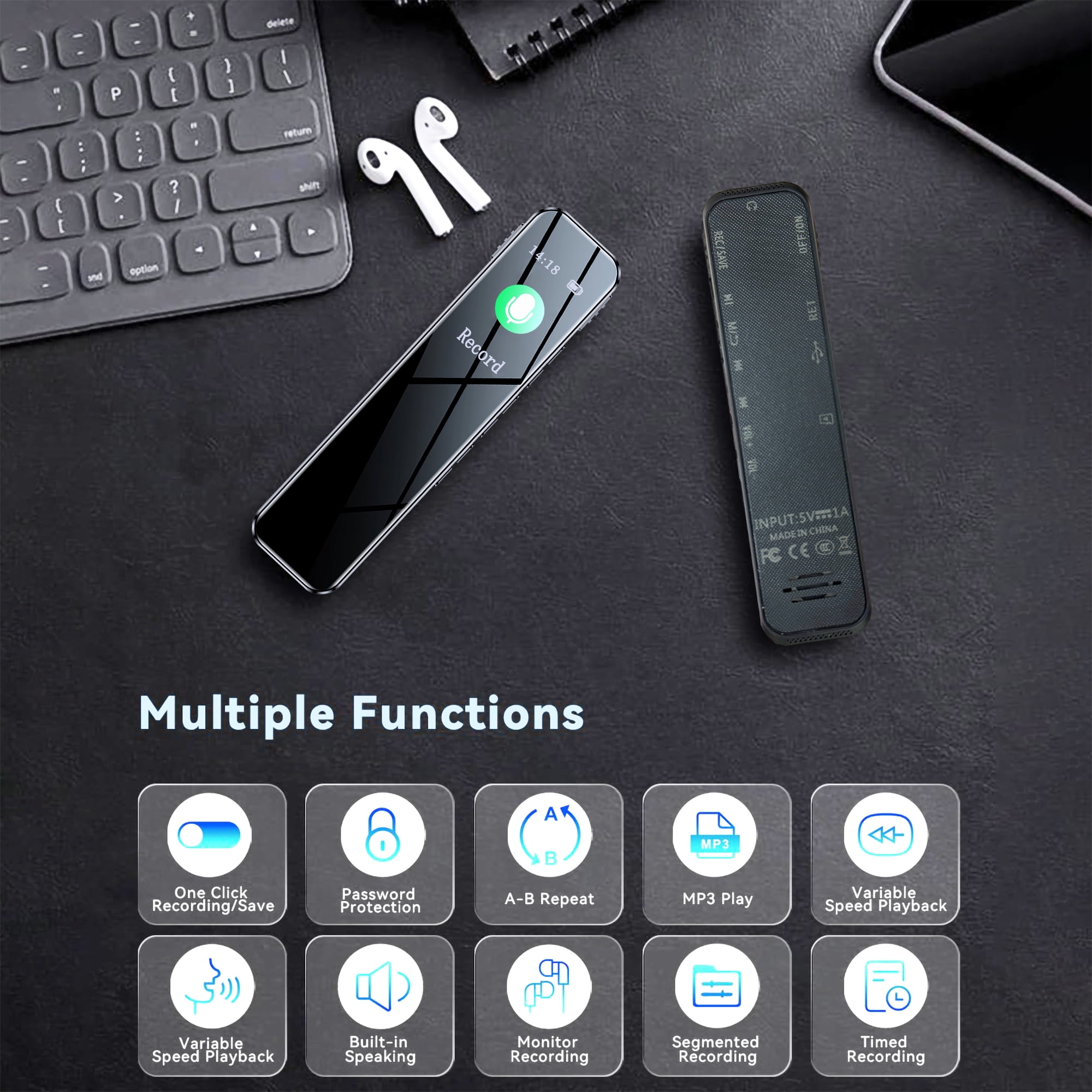 TIKBBRMG 64GB Digital Voice Activated Recorder 60 Hours Audio Recording with Playback for Lectures MP3 Player, Password,Meetings USB Rechargeable Dictaphone Small Tape Portable Recorder Device