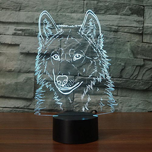 7 Colors Change 3D illusion Visual Night Light Wolf Head LED Desk Lamp Bedroom 