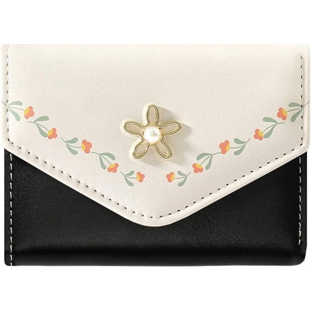 Cartera para mujer y niña, con diseño de flores, triple pliegue, de piel sintética, delgada, corta, pequeña, con tarjetero, color negro