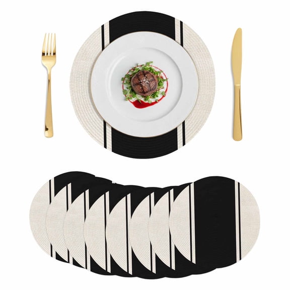 Black Vintage Round 13 Inch Placemats Set of 8, Geometric Stripes Simple Lines HeatResistant Non Slip Place Mats for Dining Table, Wipeable Braided Kitchen Table Mats for Housewarming