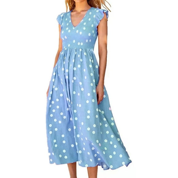 Women's V-neck waistband loose polka dot print dress short sleeve summer dress
