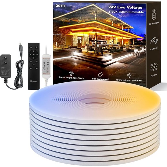 Ustarus 20FT Dimmable White LED Neon Strip Lights, Tunable 2700K–6500K Flexible Rope Light with Remote, 24V LED Tape for Kitchen Cabinets, Bedroom, Mirror, Home Indoor Lighting