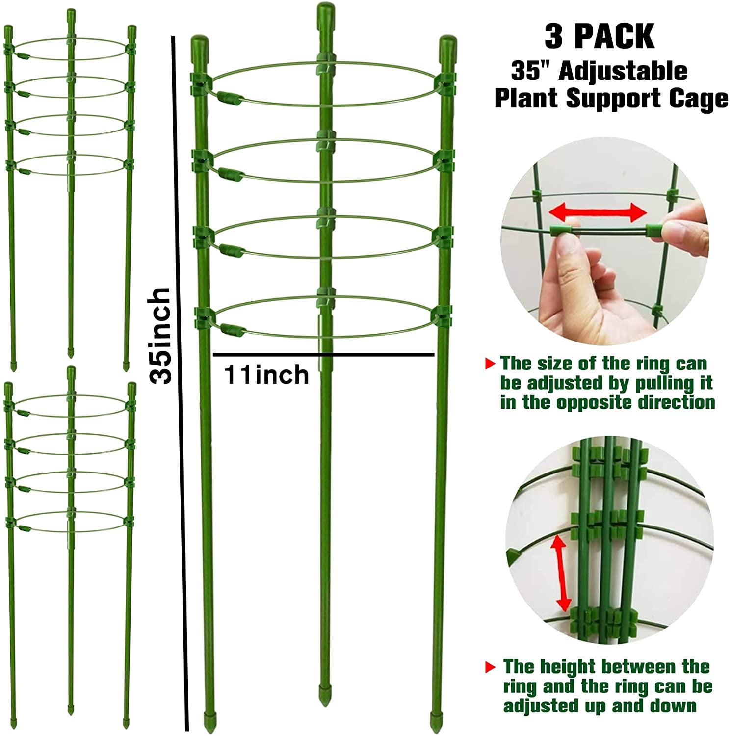 3 Packs Plant Support Cages Tomato Cage for Garden- 36 Inch Adjustable Garden Cucumber Trellis Plant Stakes, Trellis Support Rings for Climbing Plants, Pots, Indoor Plants with 10 Plant Clips