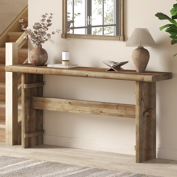 Finmind Solid Wood Console Table, 63-inch Long Farmhouse Sofa Table Behind Couch, for Hallway, Living Room, Vintage Brown
