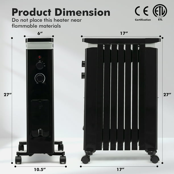 Costway 1500W Oil Filled Radiator Heater Electric Space Heater w Heat Settings Black