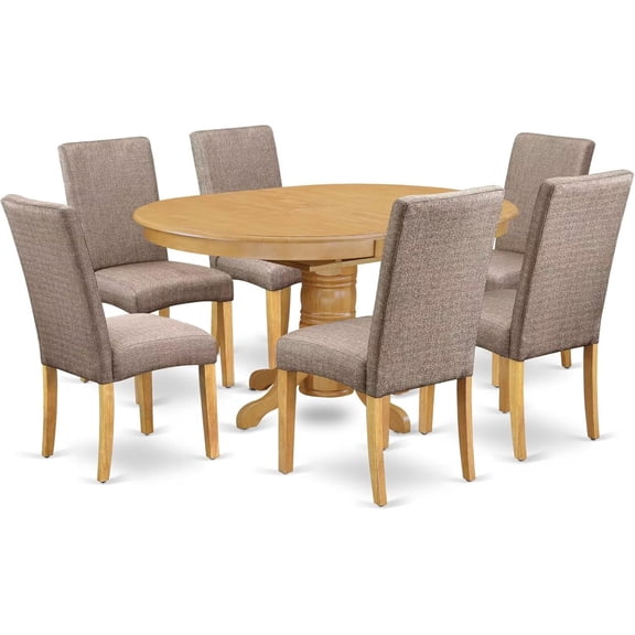 HomeStock 7 Piece Dining Table Set Consist of an Oval Dining Room Table with Leaf and 6 Dark Khaki Linen Fabric Upholstered Chairs, 42X60 Inch, Oak