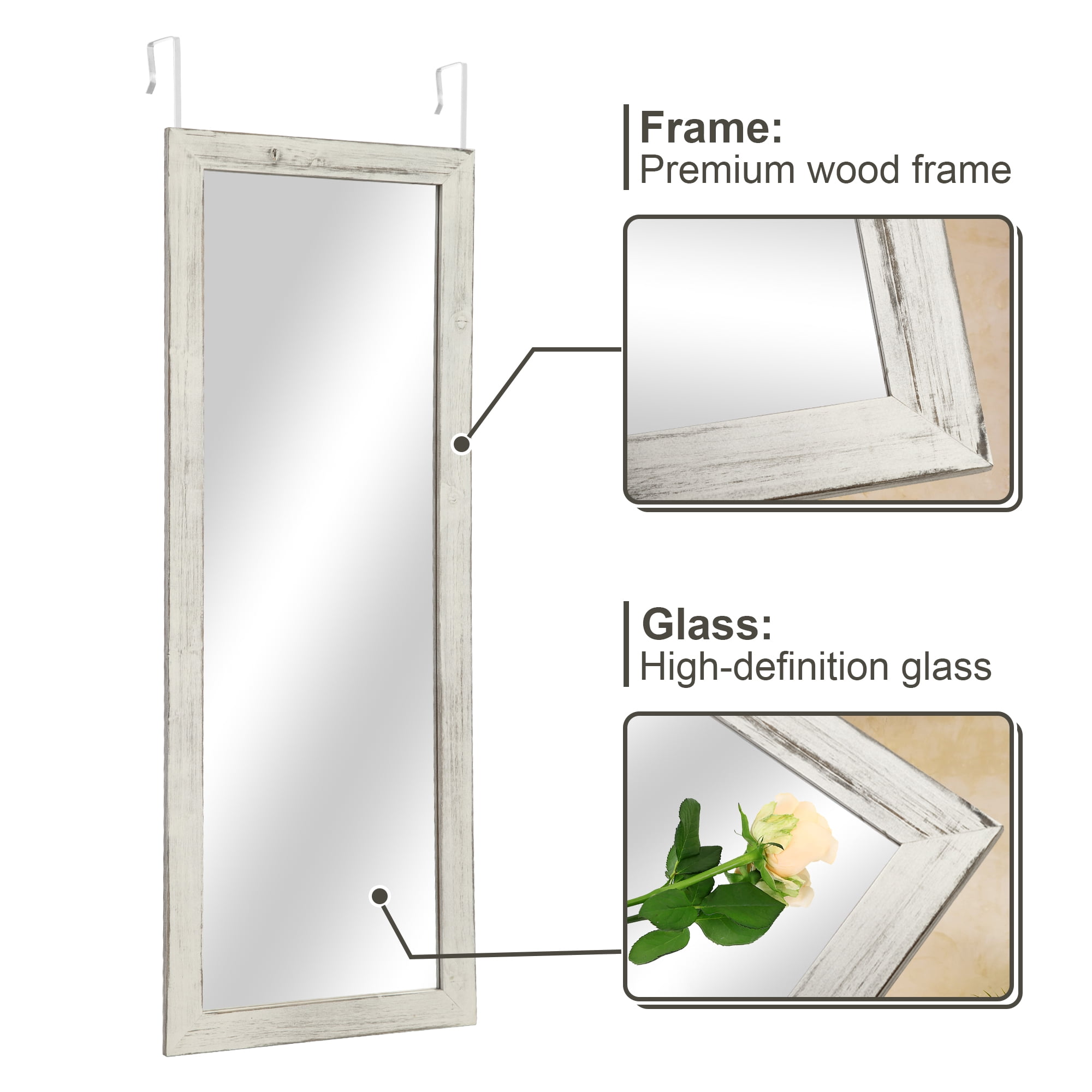 Over The Door Mirror Full Length, 47"x18" Door Mirror Full Length with Wood Frame, Full Length Mirror Over The Door with 2 Hangers Removeble, Hanging Mirror for Door or Wall Mounted Mirror