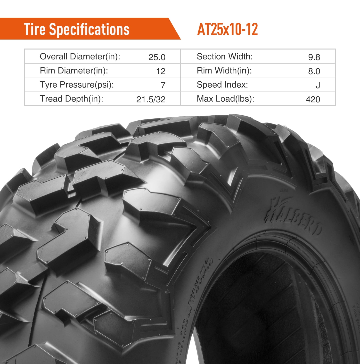 HALBERD 25x10-12 25x10x12 ATV UTV Tires 6PR Off-Road Rear Tire Tyres Set of 2