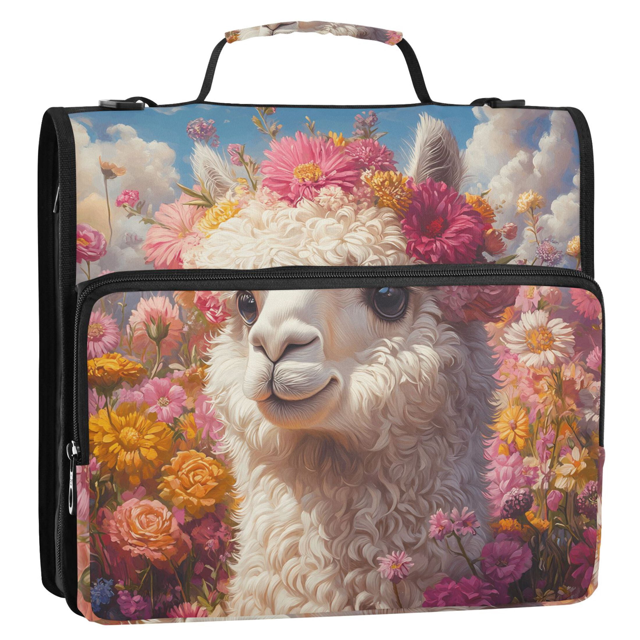 3 Ring Zipper Binder with Shoulder Strap Waterproof Trapper Keeper 2 Inch D-Ring 500 Sheets Capacity Alpaca and Flower