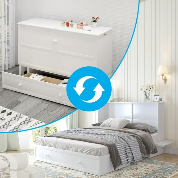 Mjkone Queen Murphy Bed Cube Cabinet, Wood Murphy Bed Chest Bed with Drawer, Foldable Cabinet Bed for Dorm Loft Corner or Small Space,White