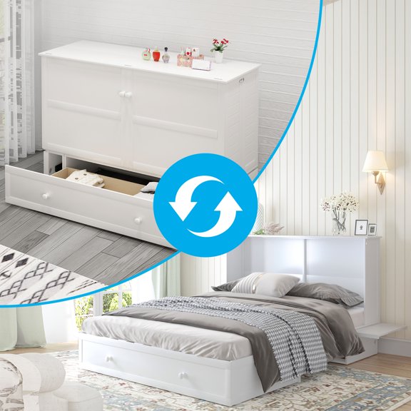 Mjkone Queen Murphy Bed Cube Cabinet, Wood Murphy Bed Chest Bed with Drawer, Foldable Cabinet Bed for Dorm Loft Corner or Small Space,White