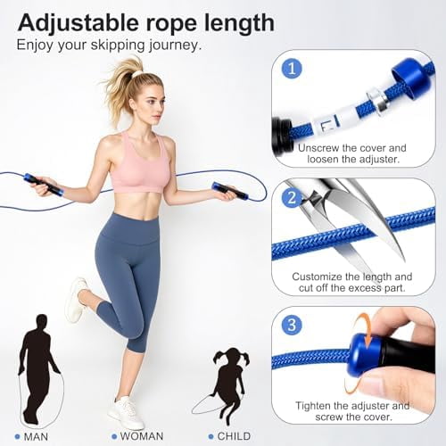 1LB Weighted Jump Ropes for fitness Women Men, Aluminum Handles for MMA, Boxing, CrossFit, Weight-loss Workouts, Tangle-Free Ball Bearing Rapid Speed Skipping Jump Rope with Adjustable 9mm Cotton